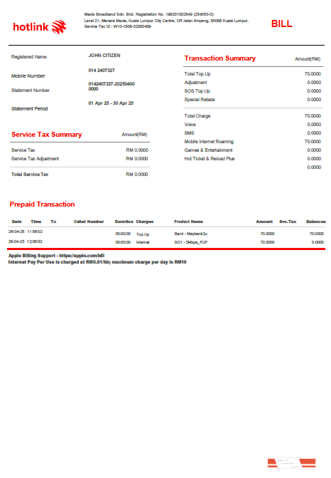 Malaysia Hotlink utility bill template in Word and PDF formats